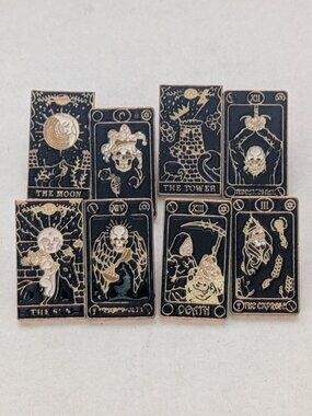 Lot (8) Black Enamel Gold Tone Miniature Tarot Card Lapel Tac Pins